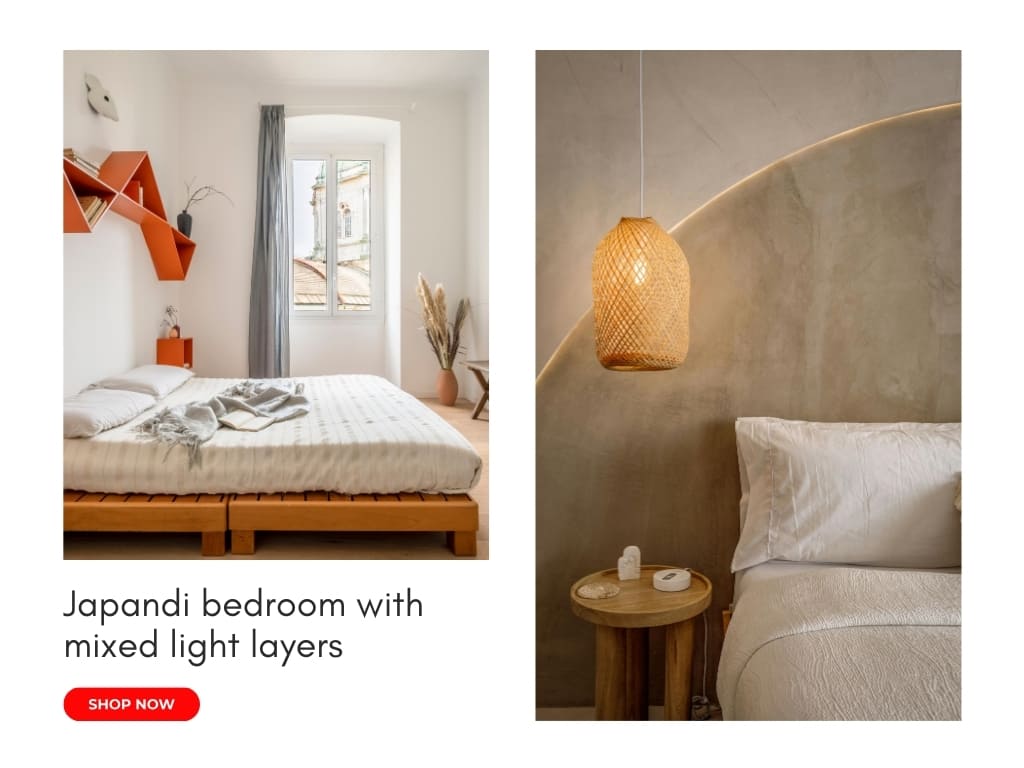 Japandi bedroom with mixed light layers
